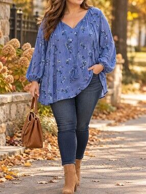 DC Jeans Plus Size Blue Floral Boho V-Neck Tassel Tie Tunic Blouse Viscose
